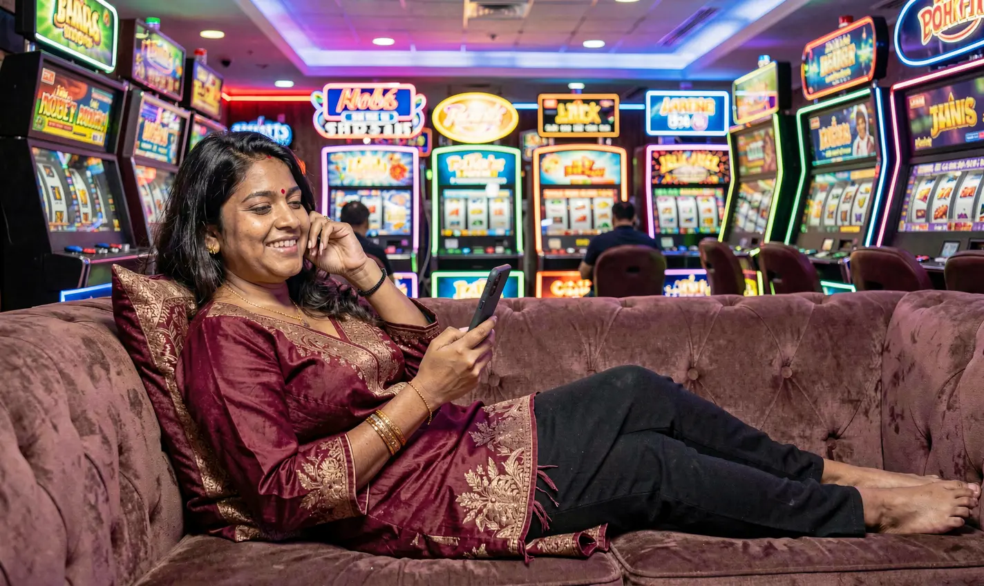 Stylish Bangladeshi woman relaxing on a sofa while using the 488BD casino app with colorful slot machines and neon lights behind her