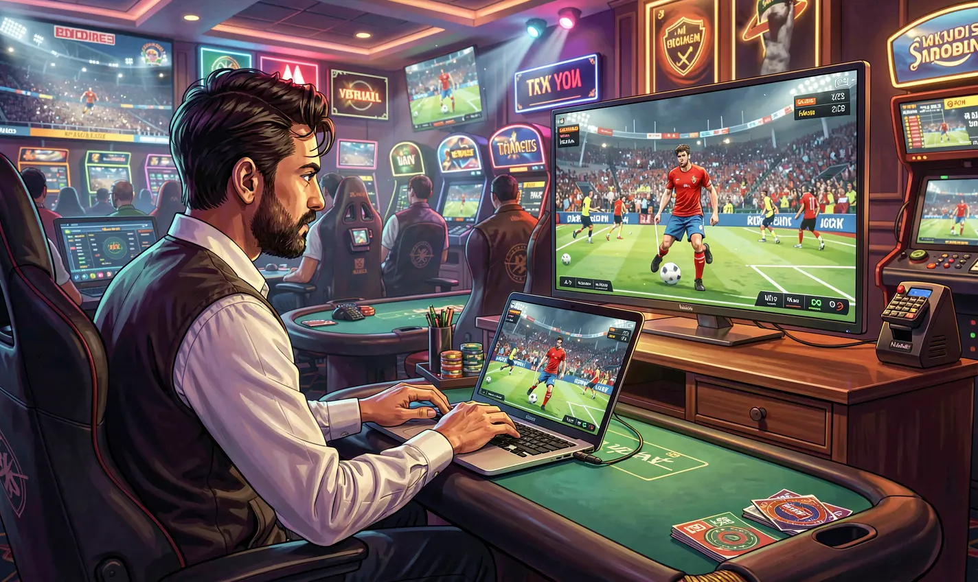 488BD Bet – Experience real time sports betting action in Bangladesh Focused Bangladeshi sports bettor analyzing live football odds on a laptop while following the match on TV using the 488BD betting platform