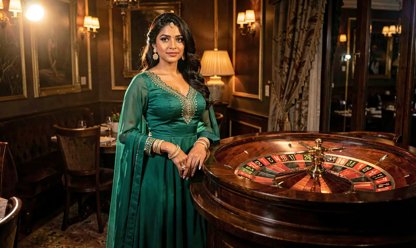 Elegant casino scene with a glamorous woman in a green dress near a roulette wheel highlighting the premium gaming atmosphere of 488BD casino bonus offers in Bangladesh