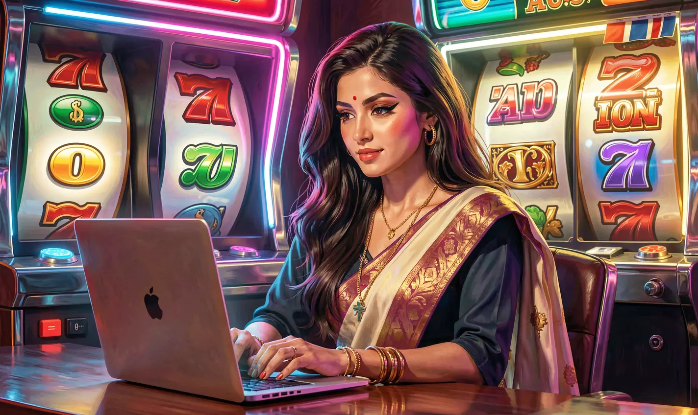 Focused female player using a laptop with vibrant neon slot machine symbols in the background showcasing the immersive casino games atmosphere of 488BD in Bangladesh
