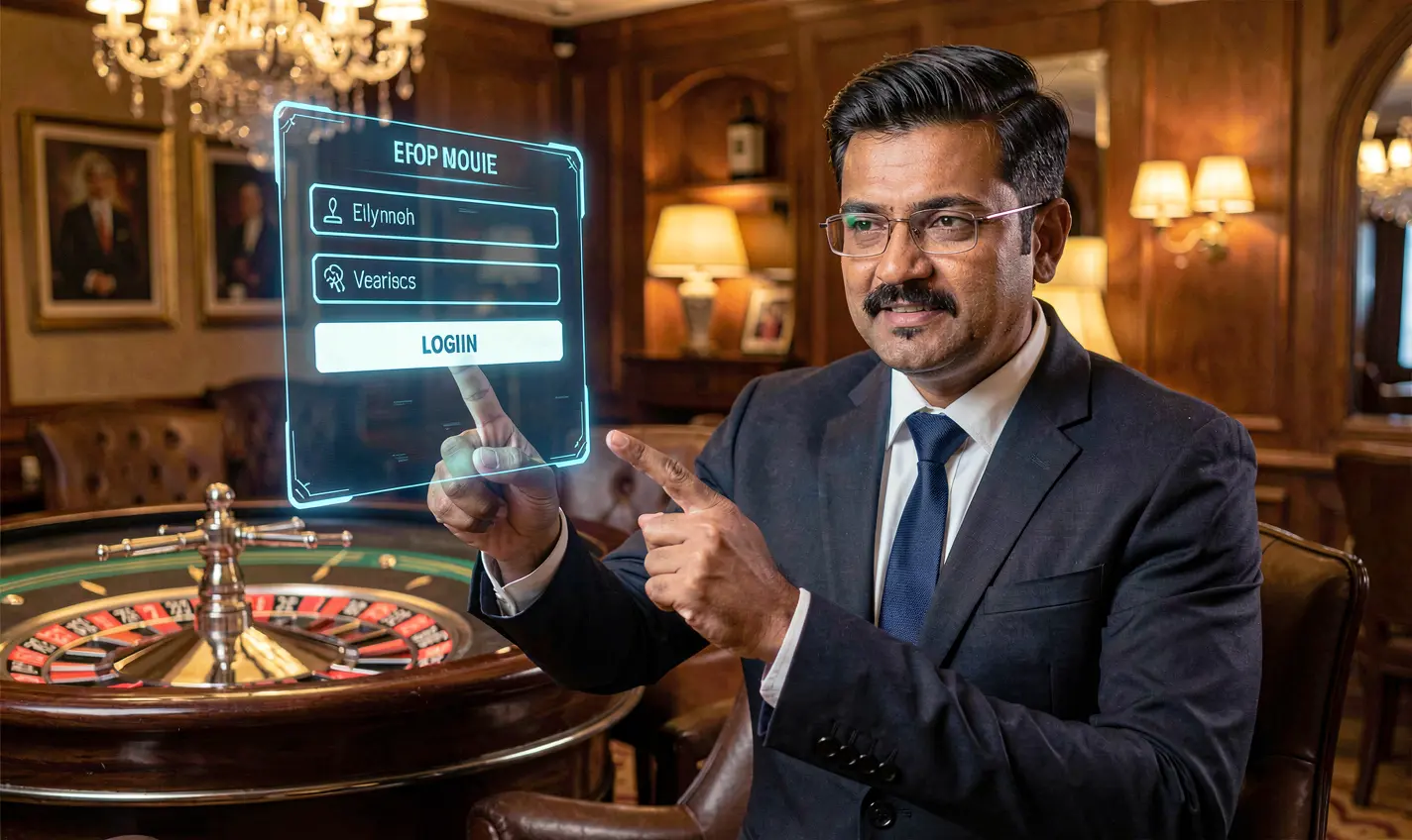 Confident Bangladeshi casino dealer pointing at a glowing holographic login panel above a roulette table representing secure access at 488BD